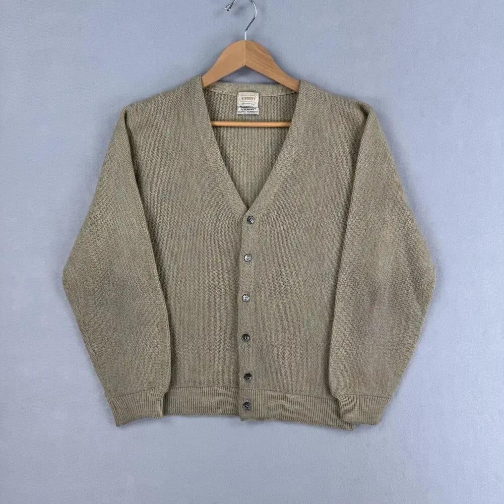 Vintage Brent Sweater Mens Large Beige Acrylic V Neck Knit Cardigan Zefkrome 60s